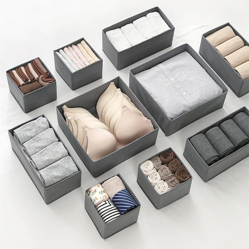 Foldable fabric drawer organizers set with gray bins for underwear, socks, bras and ties