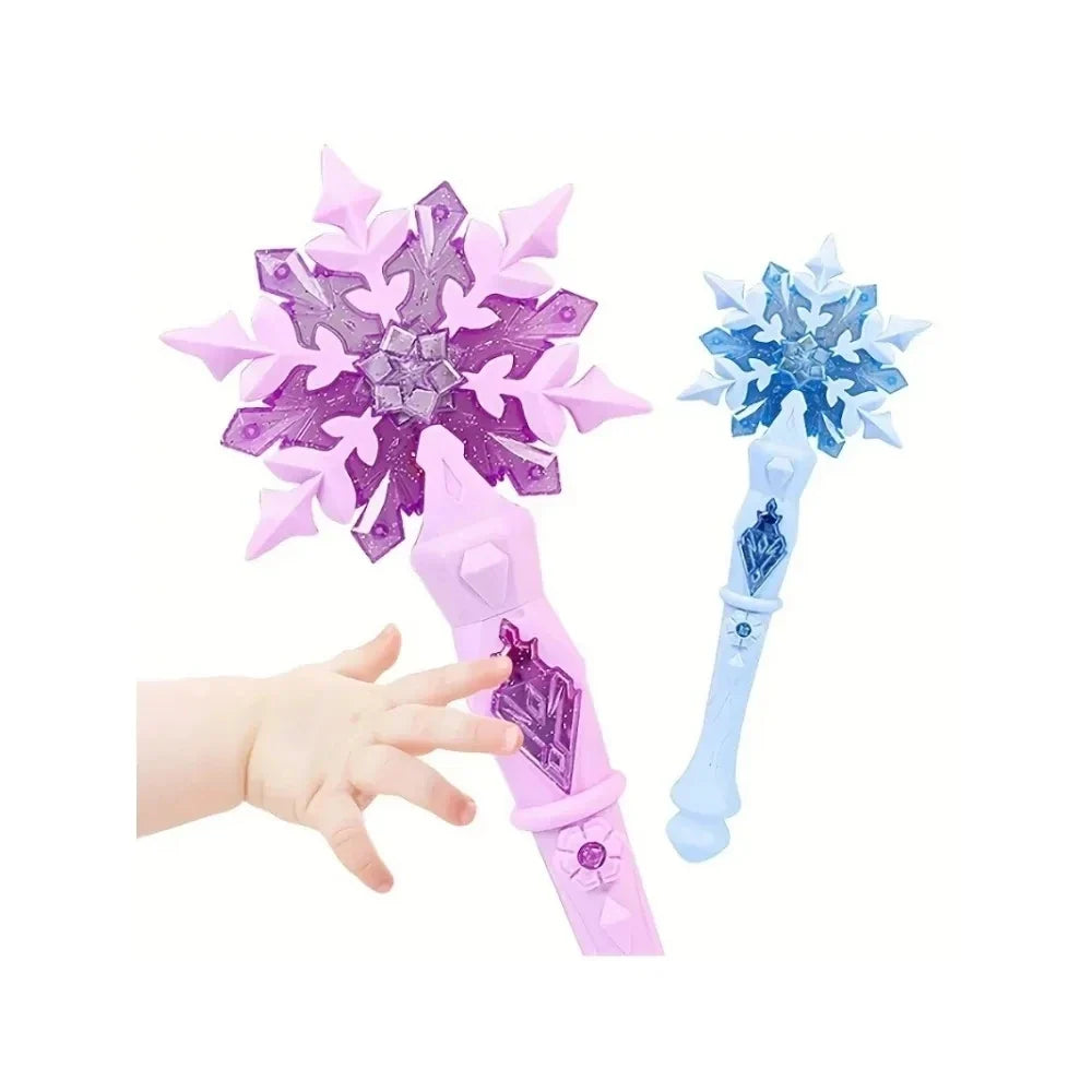 Pair of pink and blue snowflake light sound wands with hand-held star snowflake tops