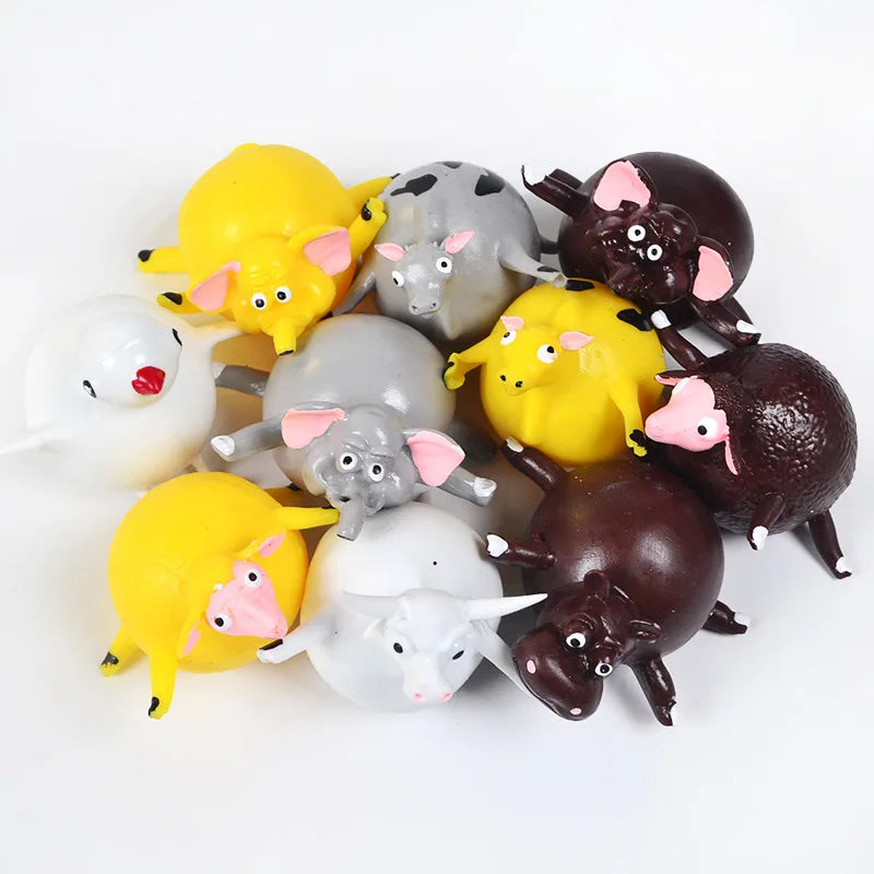 Assorted inflatable animal-shaped squeeze vent fidget balls in mixed colors.
