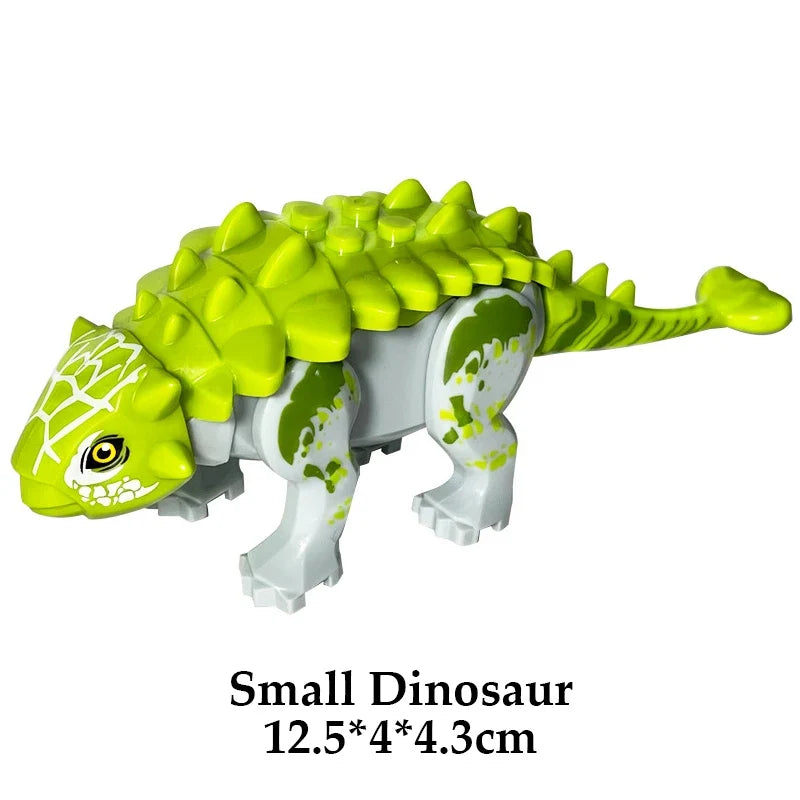 Green and white dinosaur building block figure with patterned sides and spiky back