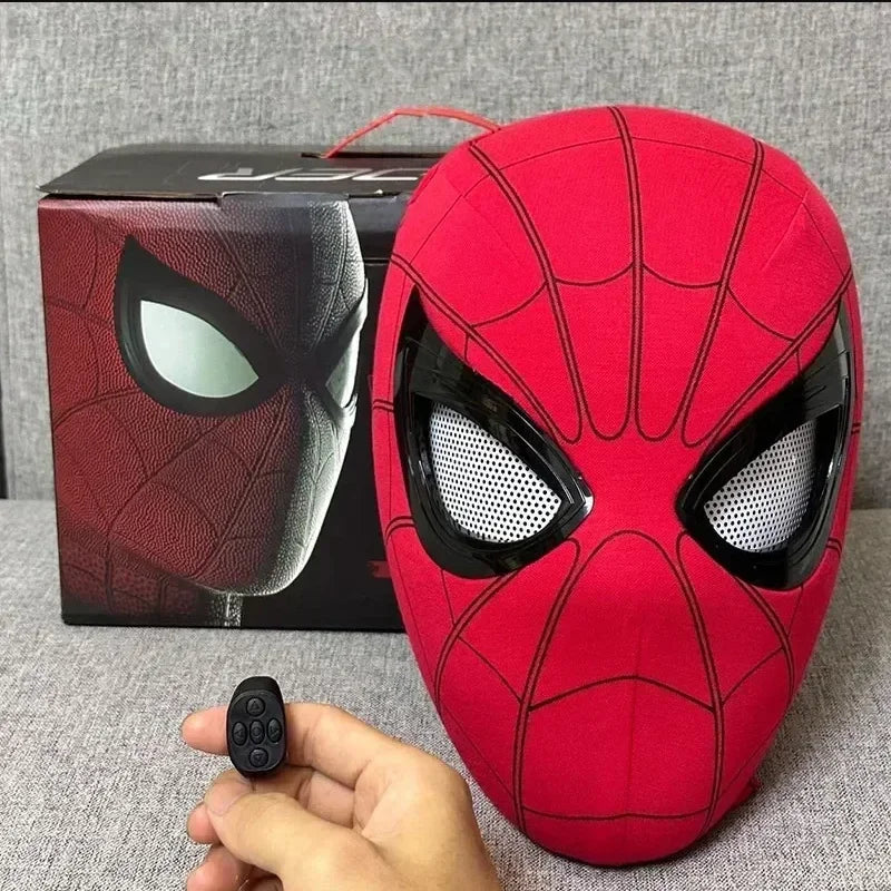 Red electronic Spider-man style mask with gray mesh eye openings and web lines