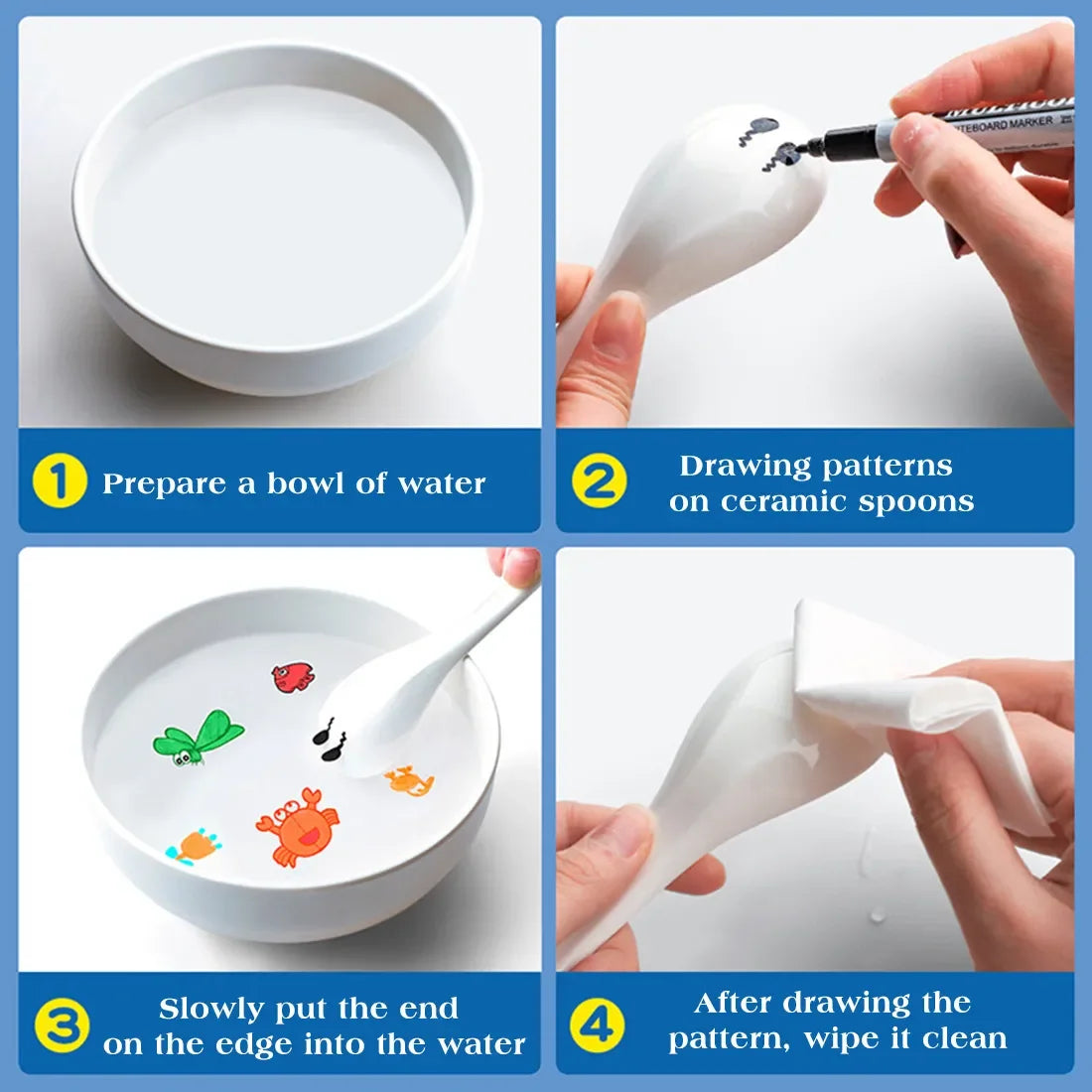 White ceramic spoon for water floating ink patterns with marker preparation steps
