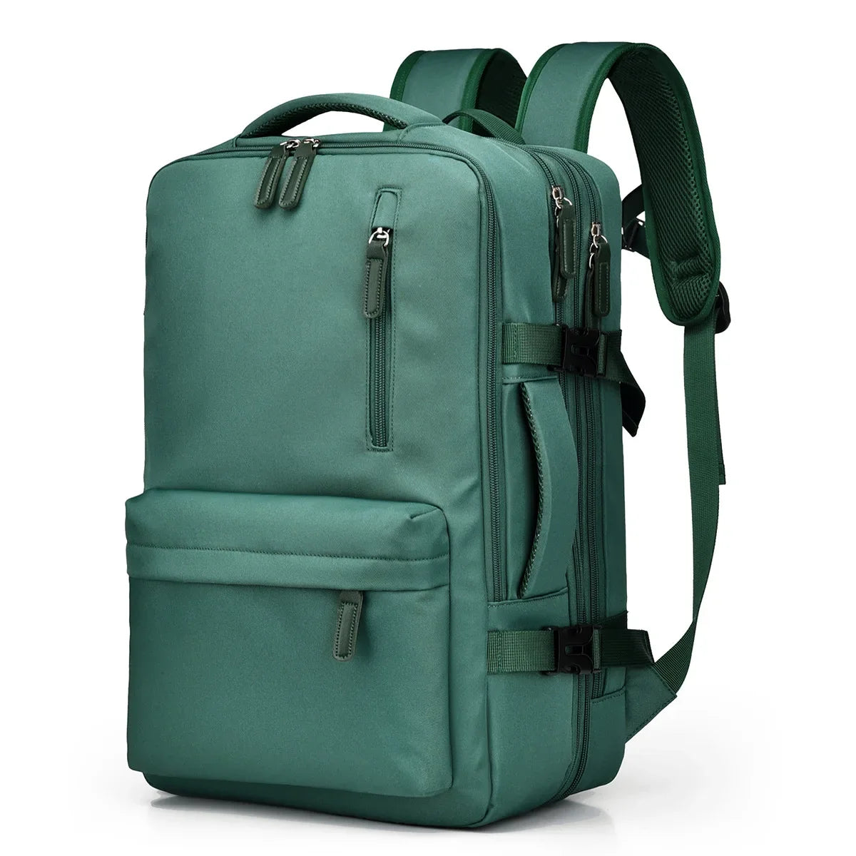 Green cabin hand-luggage backpack with padded front pocket and adjustable shoulder straps
