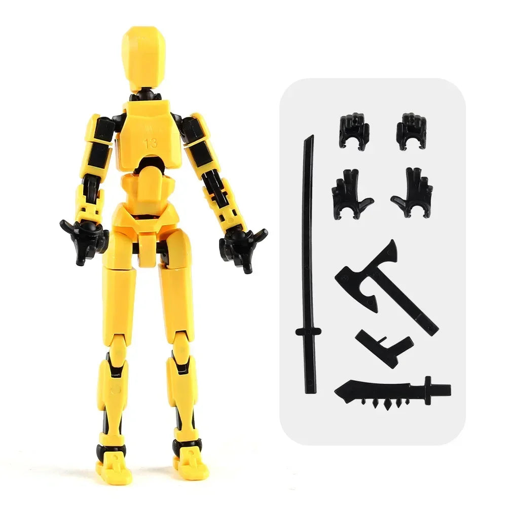 Yellow multi-jointed action figure robot with black weapons and accessory parts