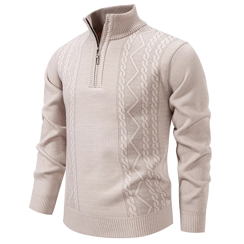 Men's knit half-zip pullover sweater in beige, stand collar with cable-knit pattern