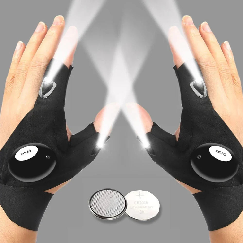 Pair of black fingerless LED flashlight gloves with bright beams from thumb area