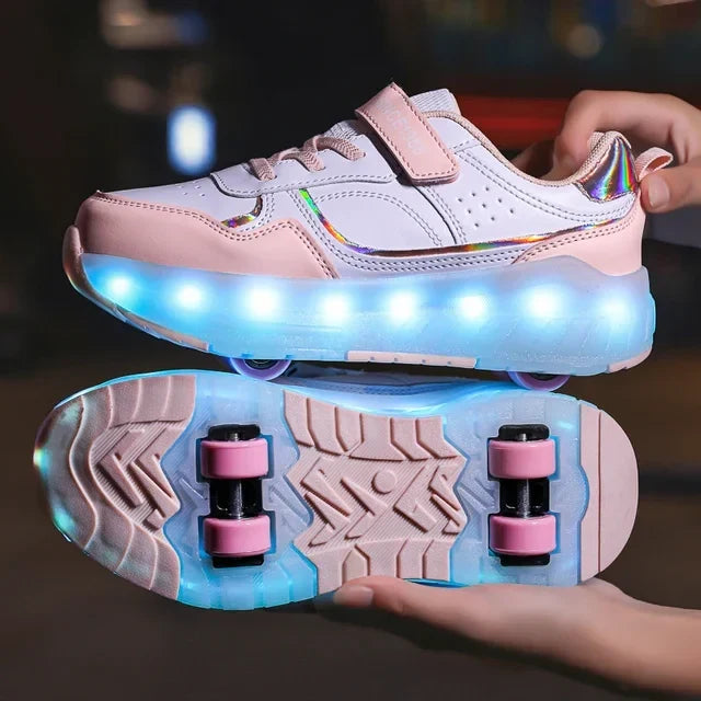 Pink and white LED roller sneakers with glowing blue LED strip and pink wheel accents