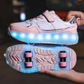 Pink and white LED roller sneakers with glowing blue LED strip and pink wheel accents