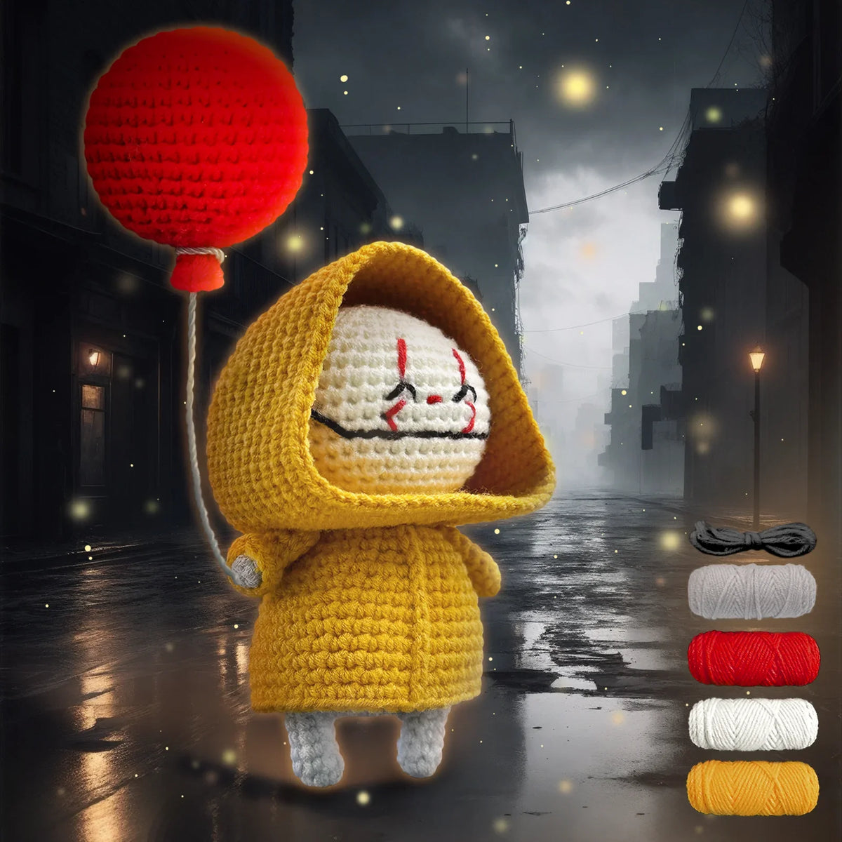 Crochet animal figure in yellow hooded outfit with white face patch; yarn kit shown