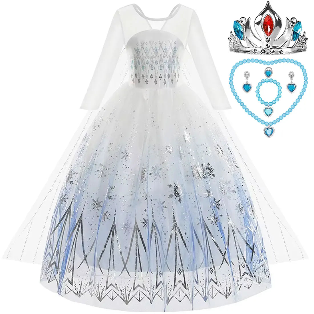 Girls white tulle princess dress with blue icicle pattern, crown and heart necklace set
