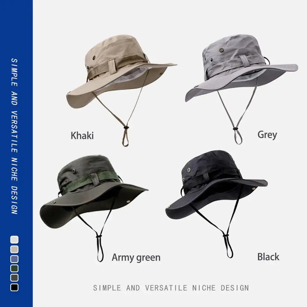 Four-color wide-brim bucket hat set: khaki, grey, army green, black