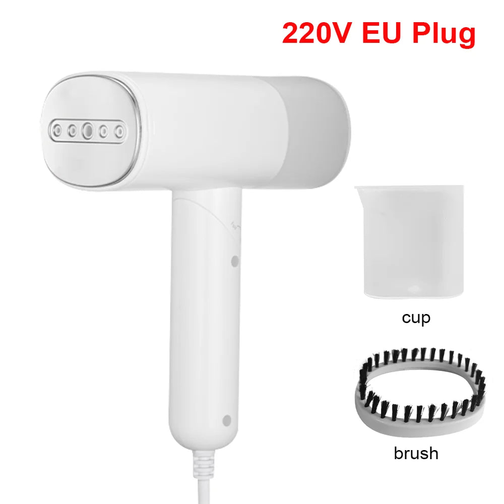 Handheld garment steamer with 220V EU plug and included brush and cup