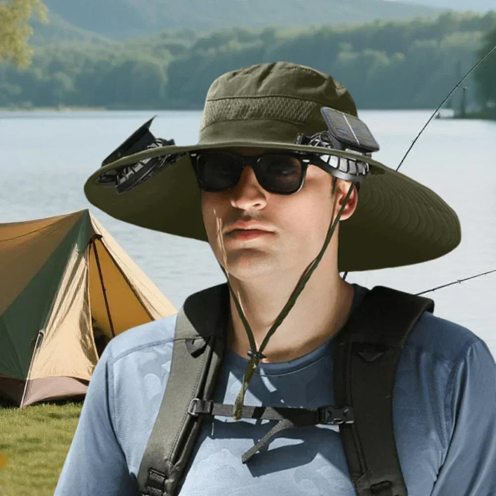Khaki solar fan fisherman hat with wide brim and side solar panel fan attachments