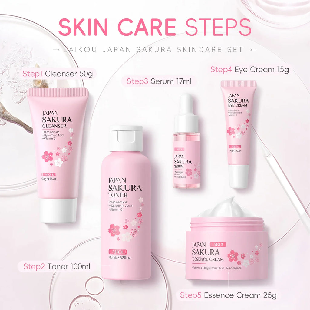Sakura skincare steps layout showing cleanser, toner, serum, eye cream, and essence cream