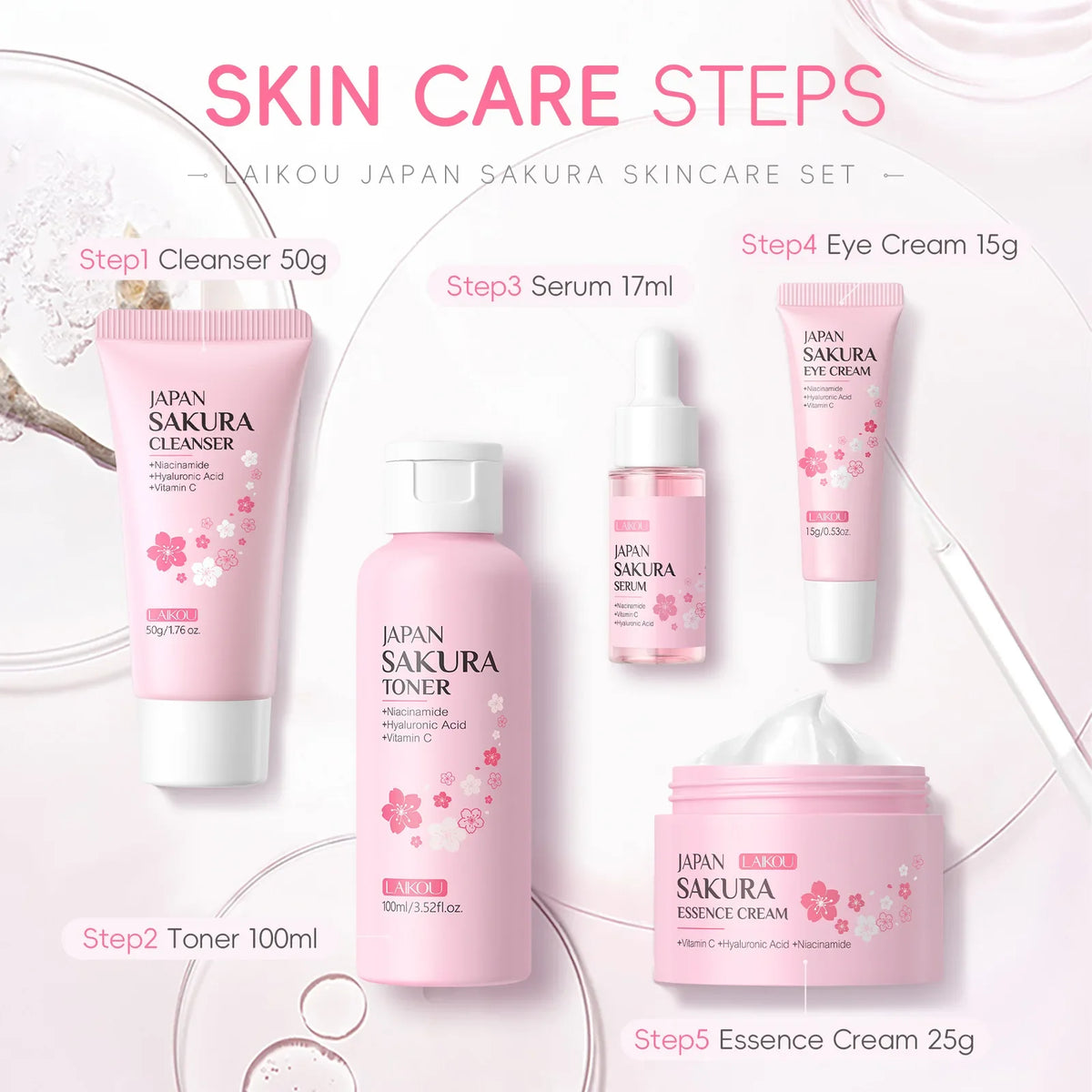 Sakura skincare steps layout showing cleanser, toner, serum, eye cream, and essence cream