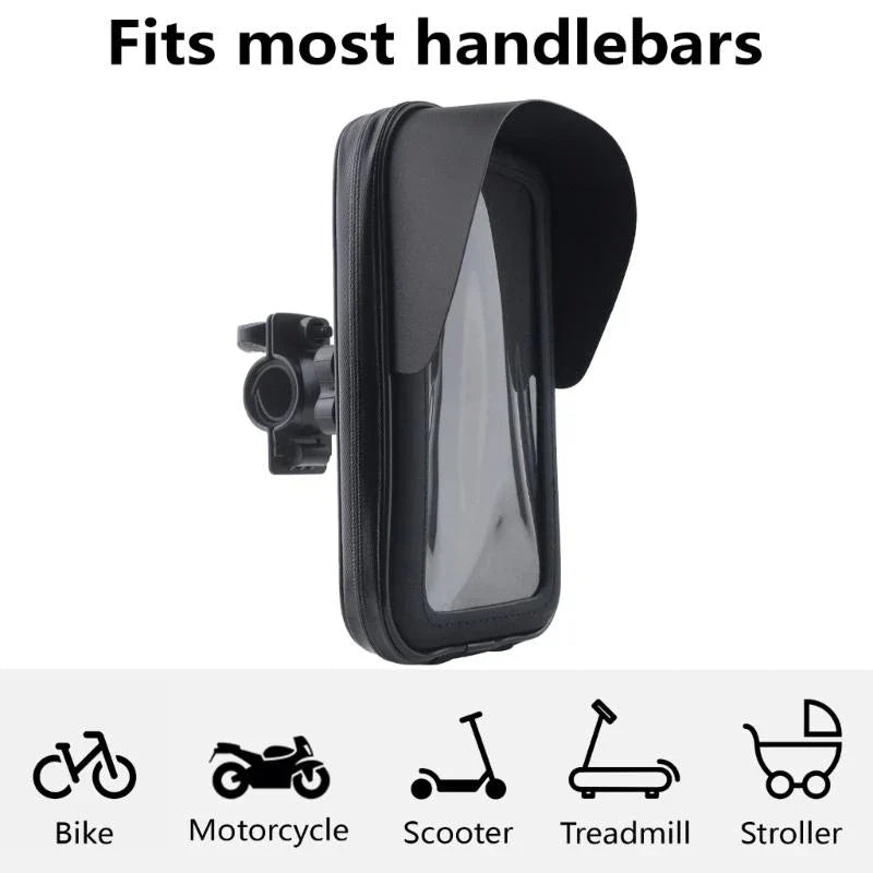 Waterproof bike phone holder case with front clear window and handlebar mounting bracket