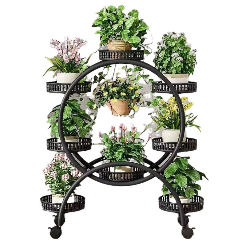 Black metal multi-tier circular plant stand with ring shelves and rolling casters