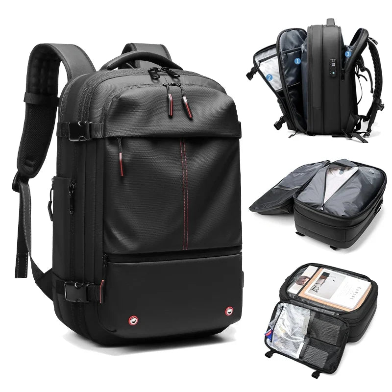 17-inch laptop backpack in dark grey with front organizer, padded straps, and zipper pocket.