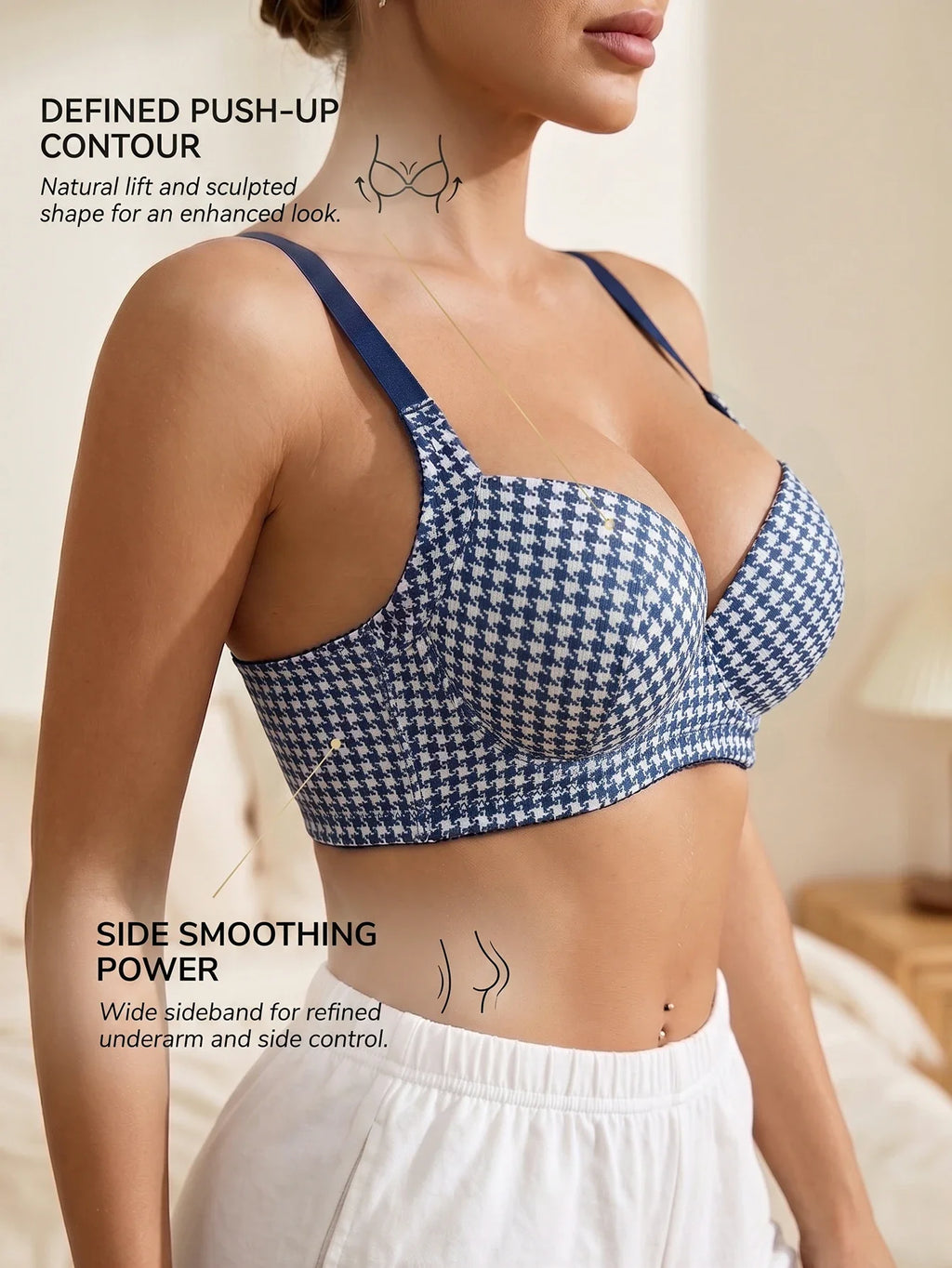 Women’s houndstooth push-up bra in blue with push-up contour and side smoothing.