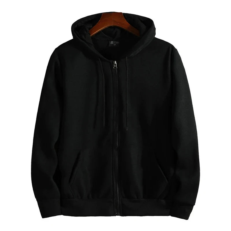 Mens black zip-up hoodie with hood, drawstrings, long sleeves, front pockets
