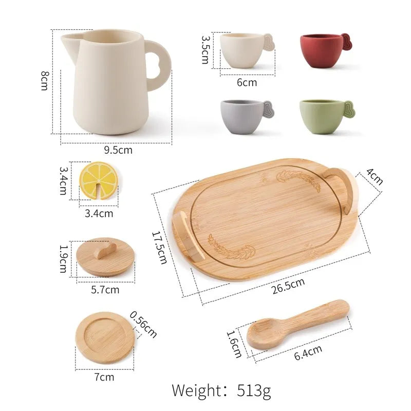 Wooden stacking toy set with round wooden tray, wooden cups, lemon slice, spoon