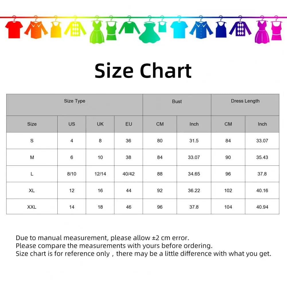 Elf costume size chart table with bust and dress length measurements
