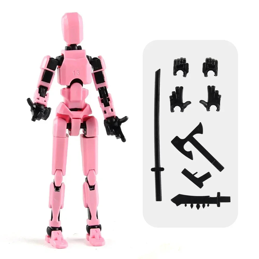 Pink multi-jointed robot action figure with black weapon accessory pieces.