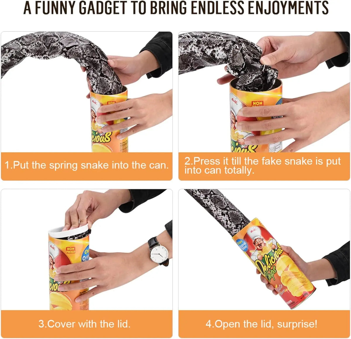 Spring snake prank toy being pressed into a chip can, lid shown.