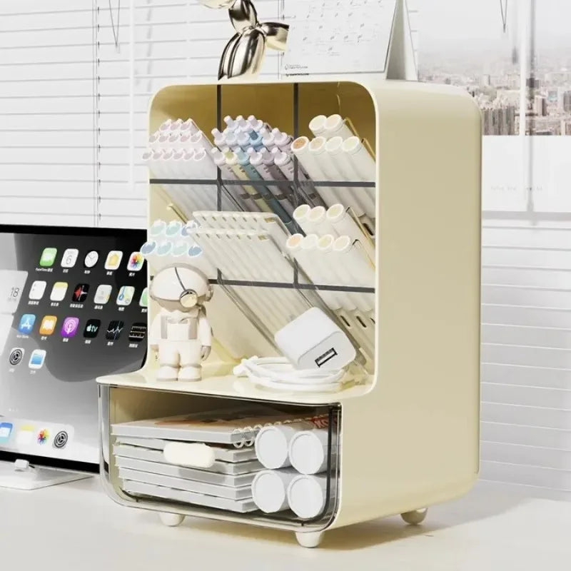 Beige desk pen organizer with clear shelves and front drawer for stationery