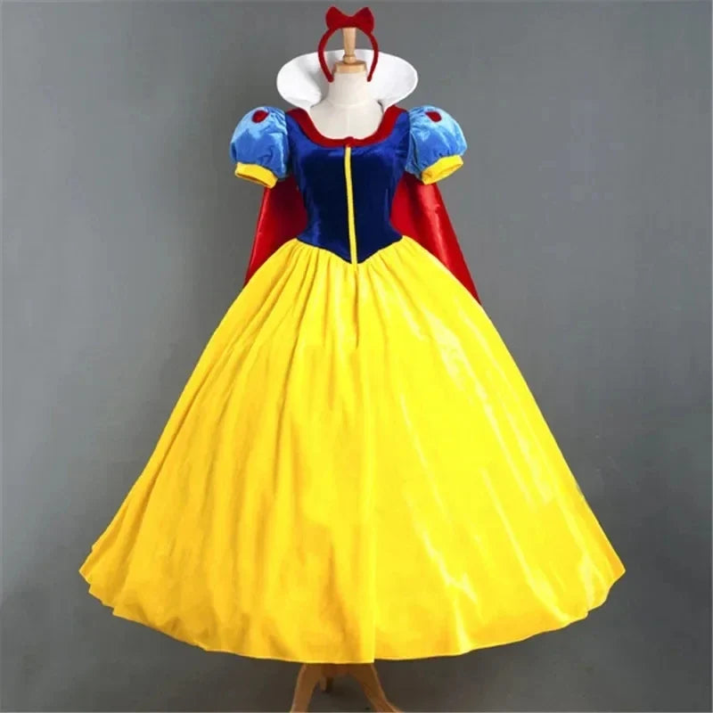 Princess costume dress on mannequin: blue puff sleeves, red collar, yellow skirt