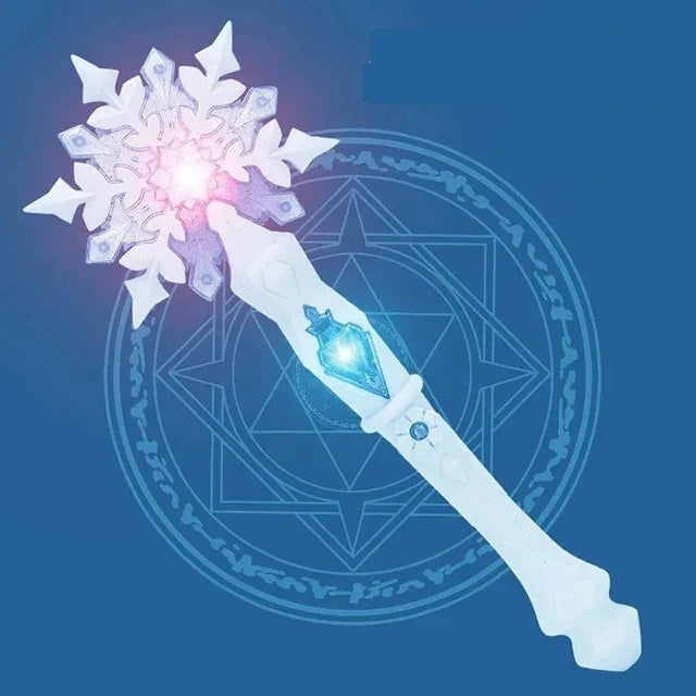 White snowflake light sound wand with glowing purple and blue star snowflake head