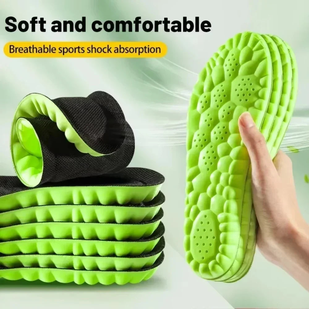 Green sport insole set with black heel mesh and stacked ridged cushioning pads