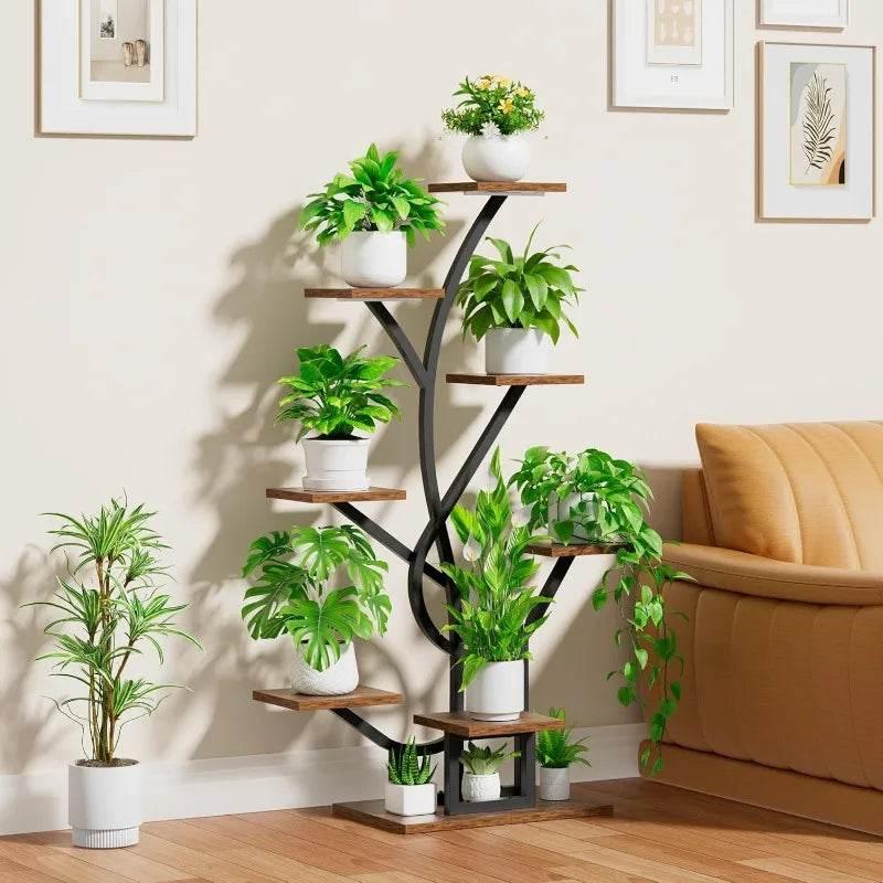 Black metal 8-tier plant stand with wooden shelves, potted plants on display