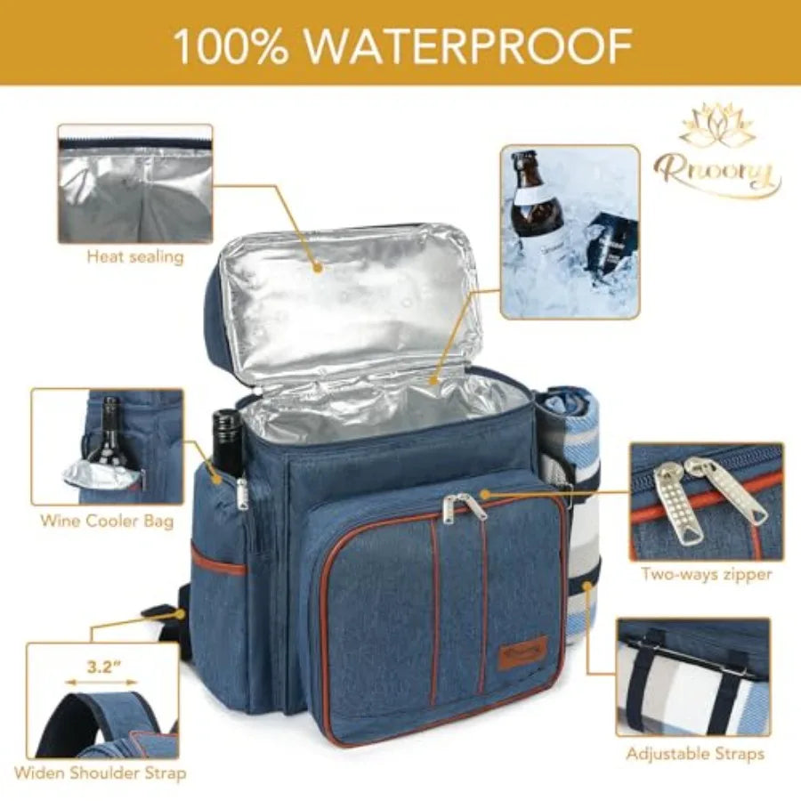 Blue insulated picnic backpack with open silver-lined cooler compartment and zip pocket