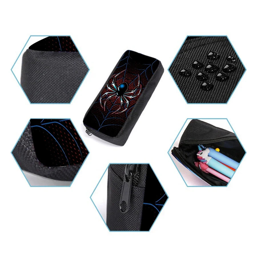 Spider print accessories set: black pencil pouch and lunch bag with zipper compartments