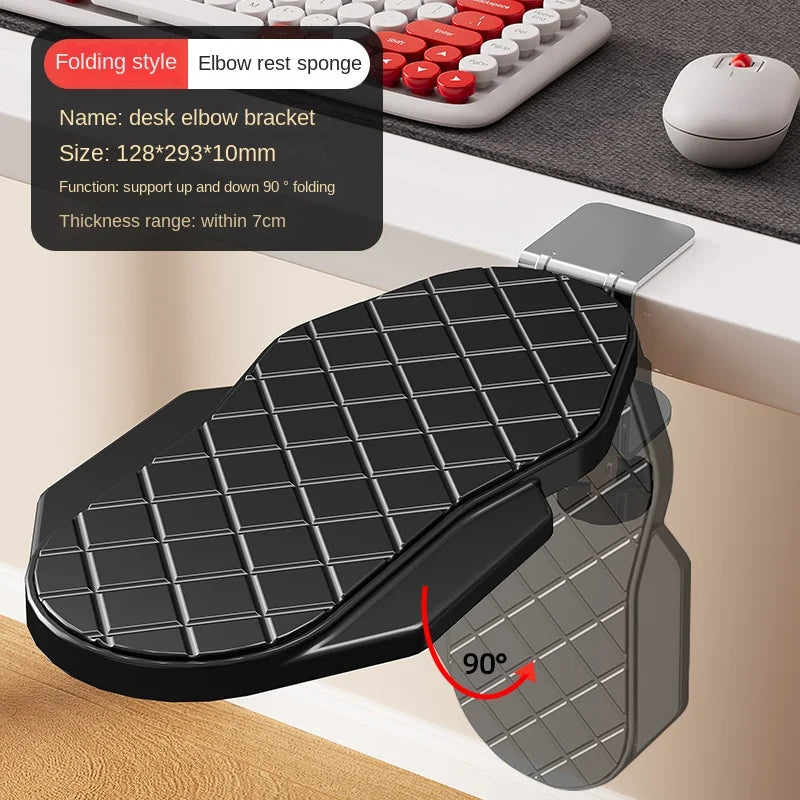 Black foldable desk wrist rest elbow bracket with grid pad, folded to 90°