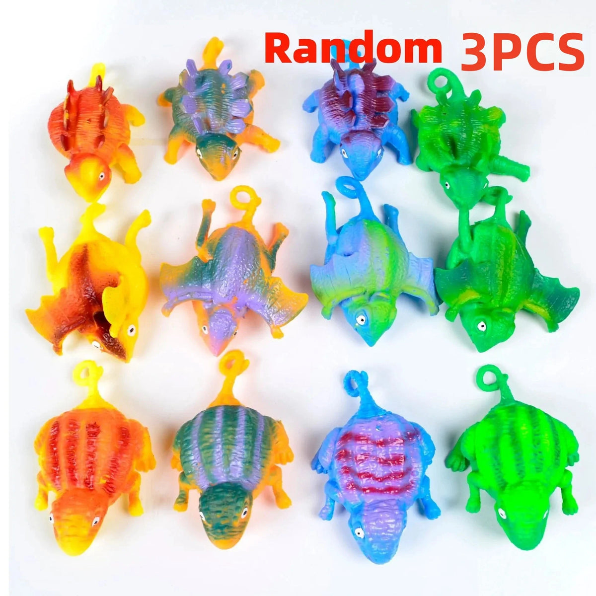 Inflatable dinosaur squeeze vent balls, assorted colors in a random 3-pack.