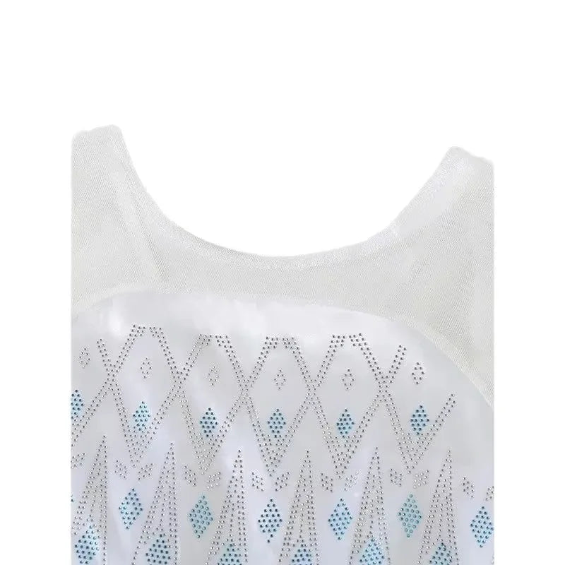 Girls white sheer neckline with blue and silver snowflake sequin front panel