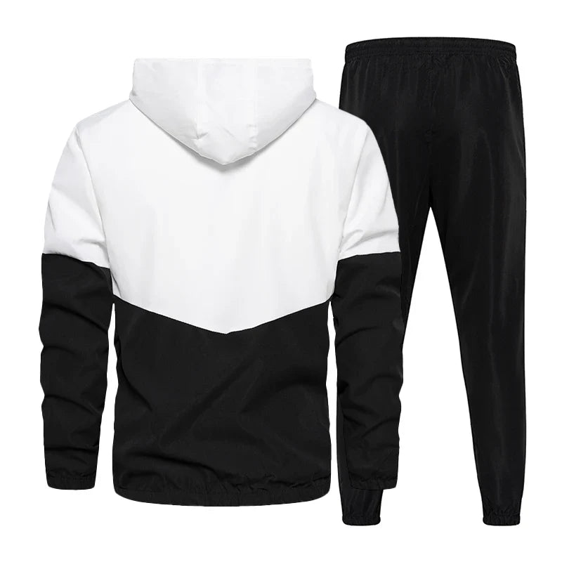 Men’s color-block hooded windbreaker jacket and jogger pants set, white and black