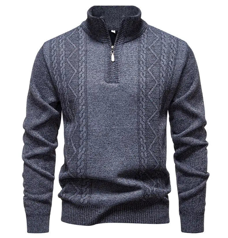 Men's knit pullover sweater, heather gray, stand collar half-zip with textured pattern