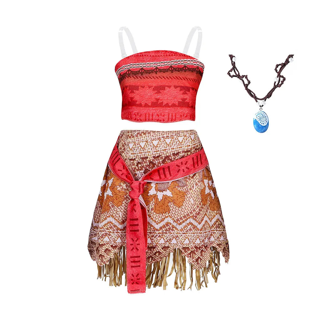 Girls costume set: red cropped top and brown patterned wrap skirt with red tie at waist.
