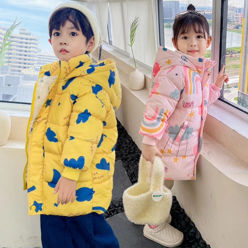 Kids hooded puffer jacket, yellow with blue cloud print, full front zip and hood
