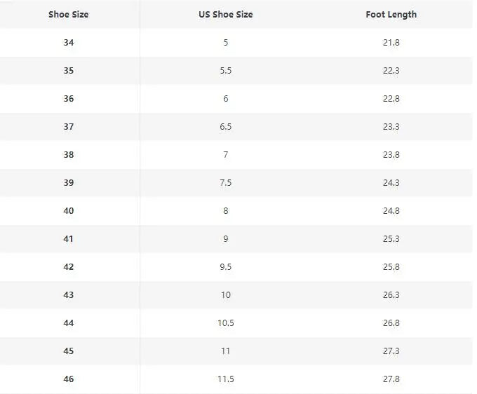 Size chart table with shoe size, US shoe size, and foot length measurements