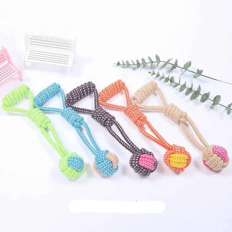 Multi-color braided rope tug toys with knotted ball ends, including green, orange, blue, beige