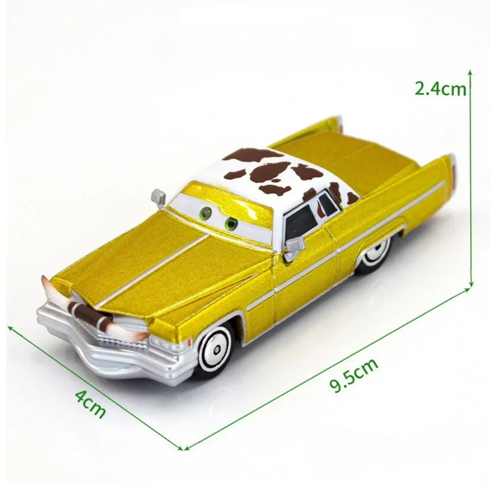 Yellow diecast pickup-style racing car toy with cow-pattern roof