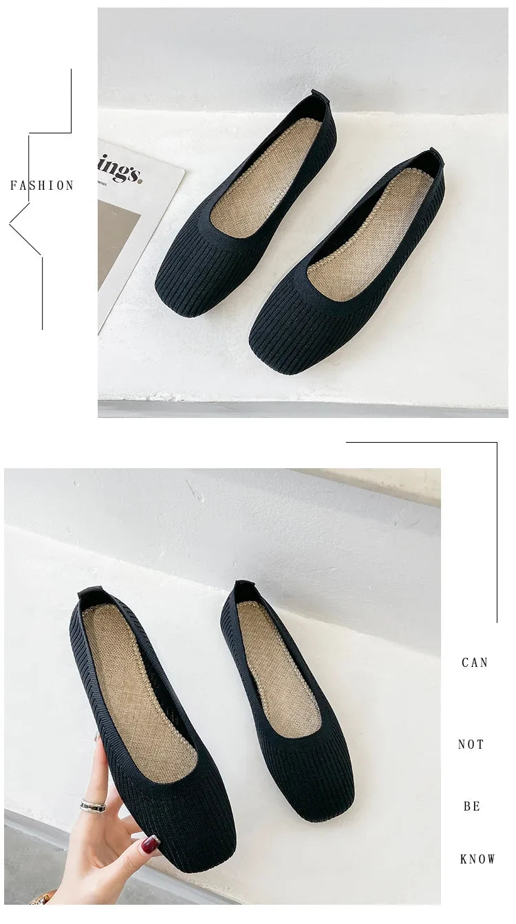 Women’s black knitted square-toe slip-on flats with beige interior, low profile