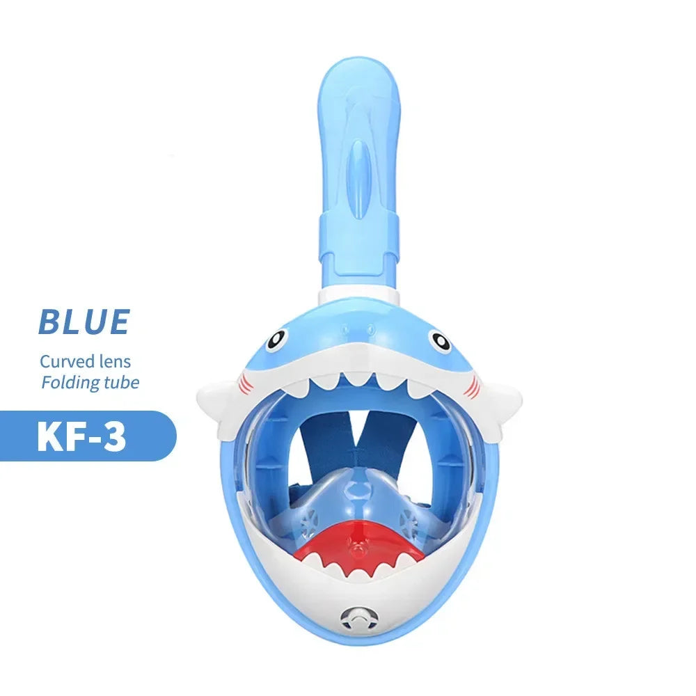 Kids blue full-face snorkeling mask with shark-style mouth graphic and clear anti-fog lens