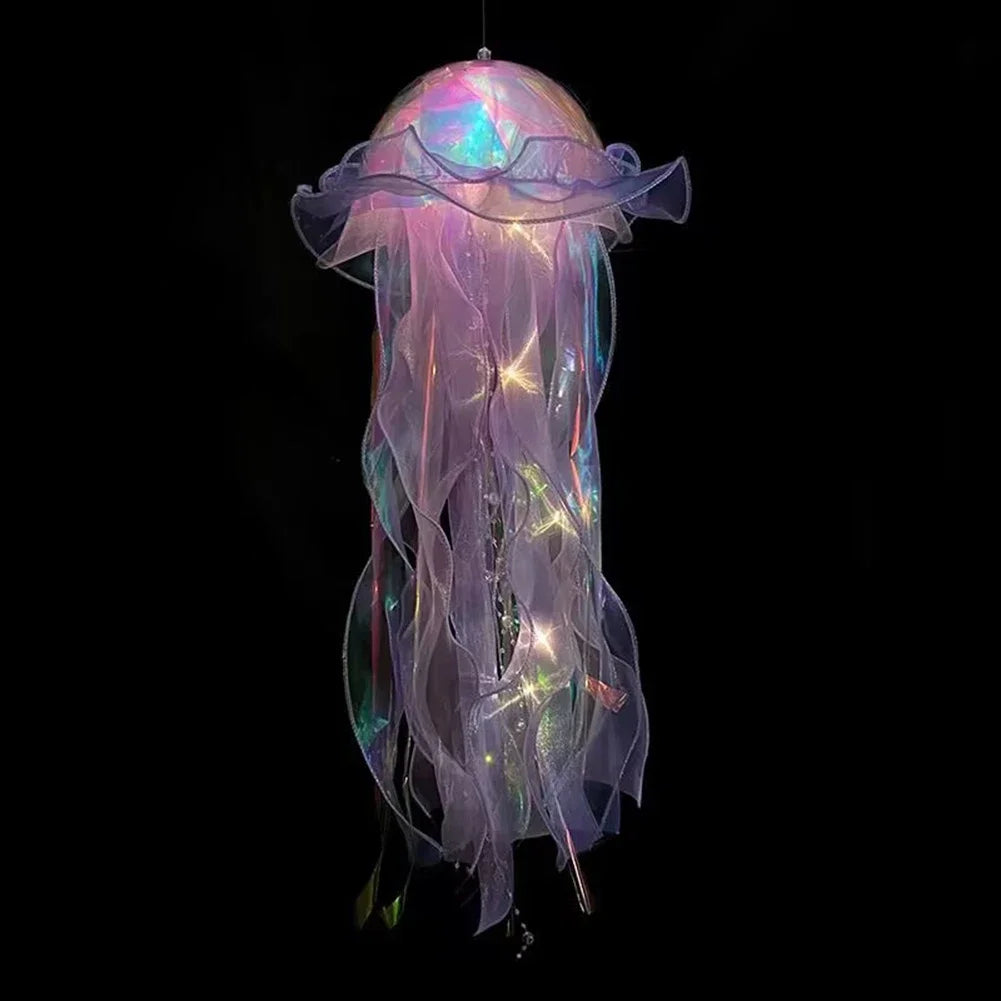 Hanging jellyfish lantern with iridescent dome and flowing translucent ribbons