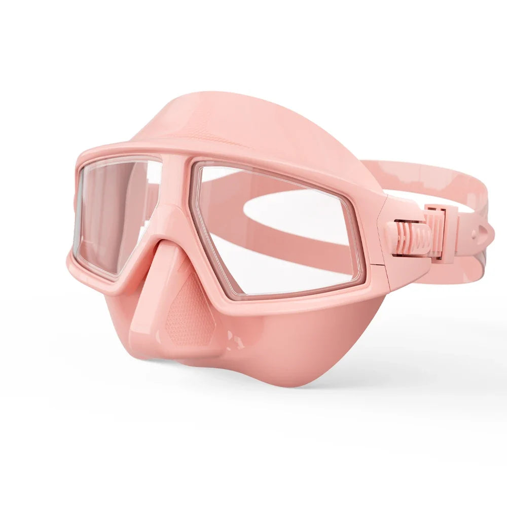 Light pink silicone diving goggles with clear tempered lenses and anti-fog design