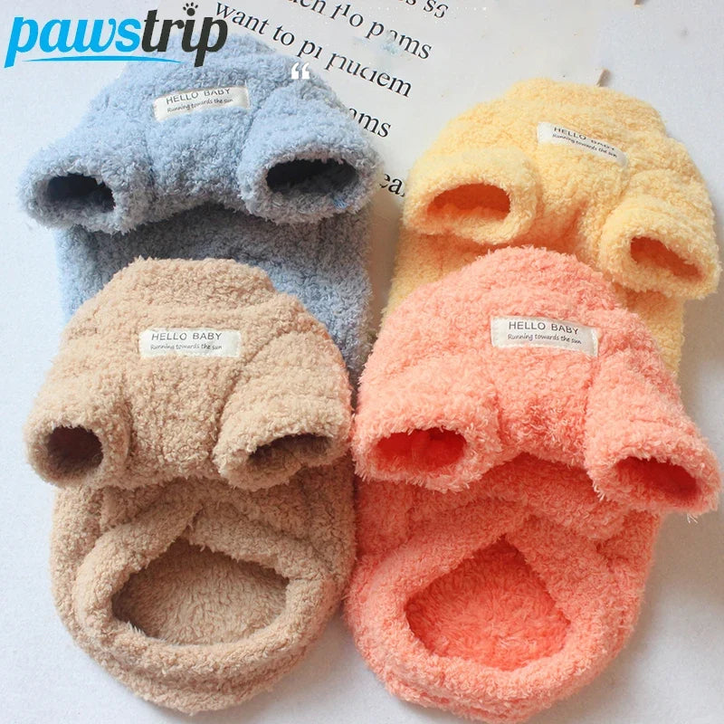 Plush dog sweater set with hood and paw cutouts, gray, peach, tan, and blue colors
